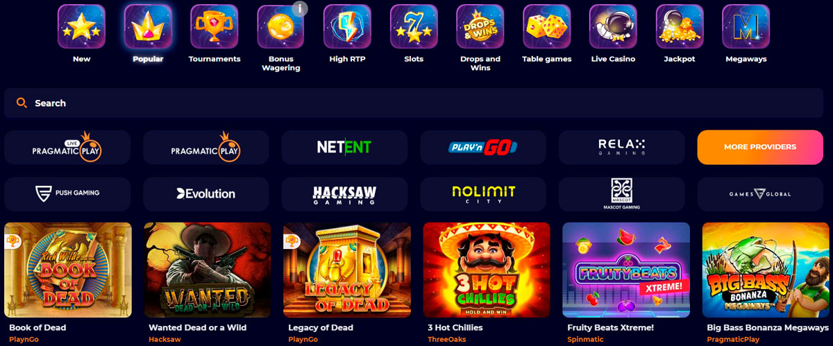 Game selection at CosmicSlot Casino